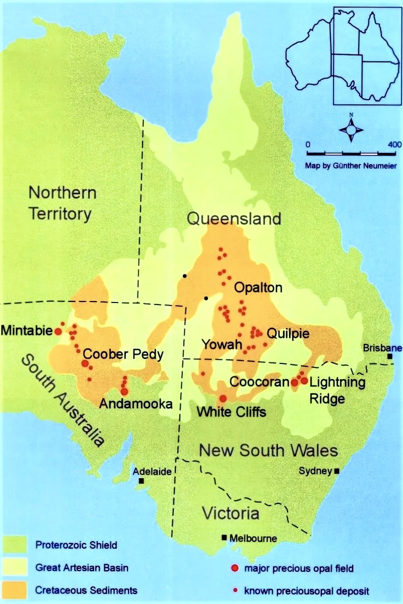 opálové lokality mapa (Austrálie)